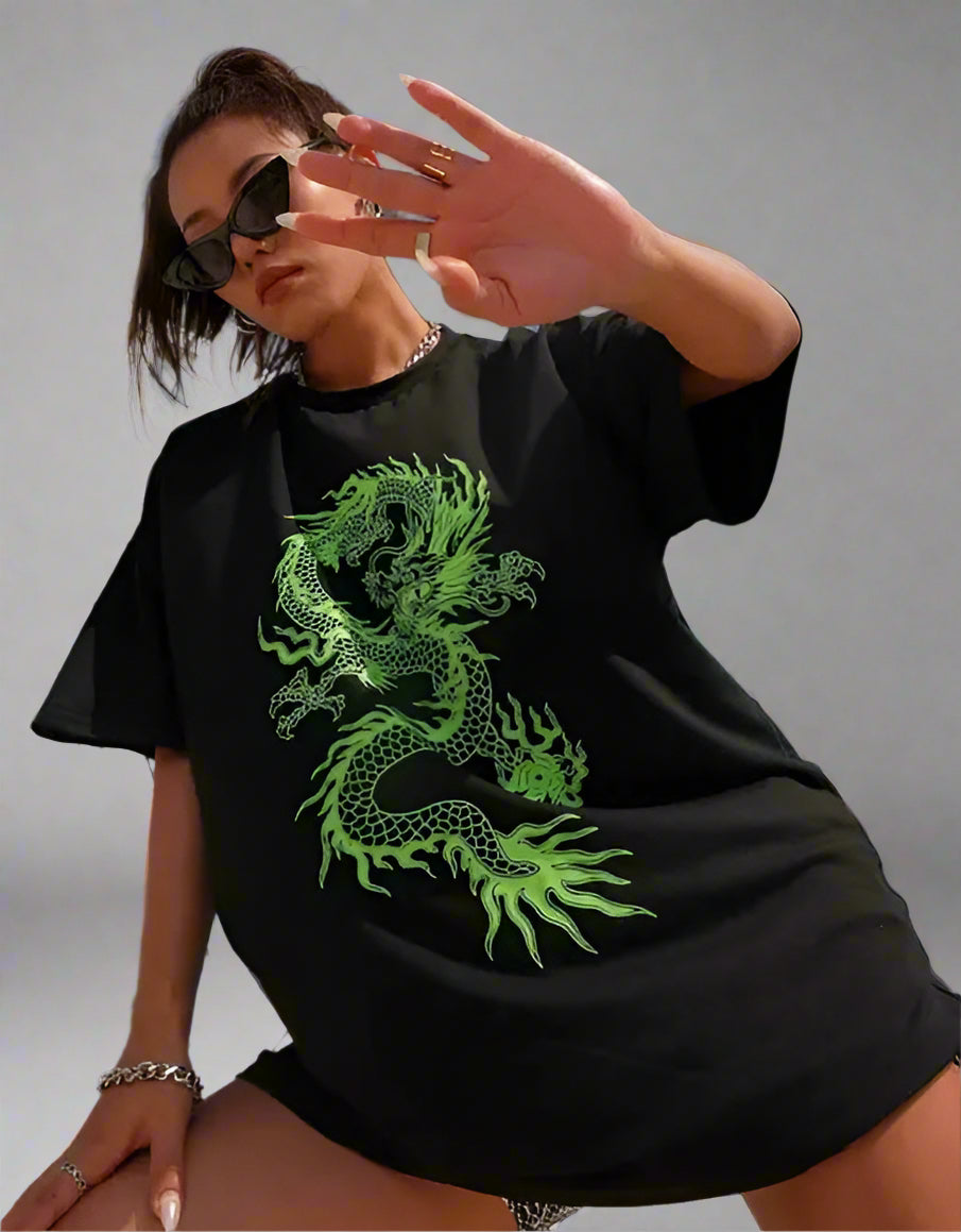 Dragon printed Black oversized tshirt women casual stylish latest